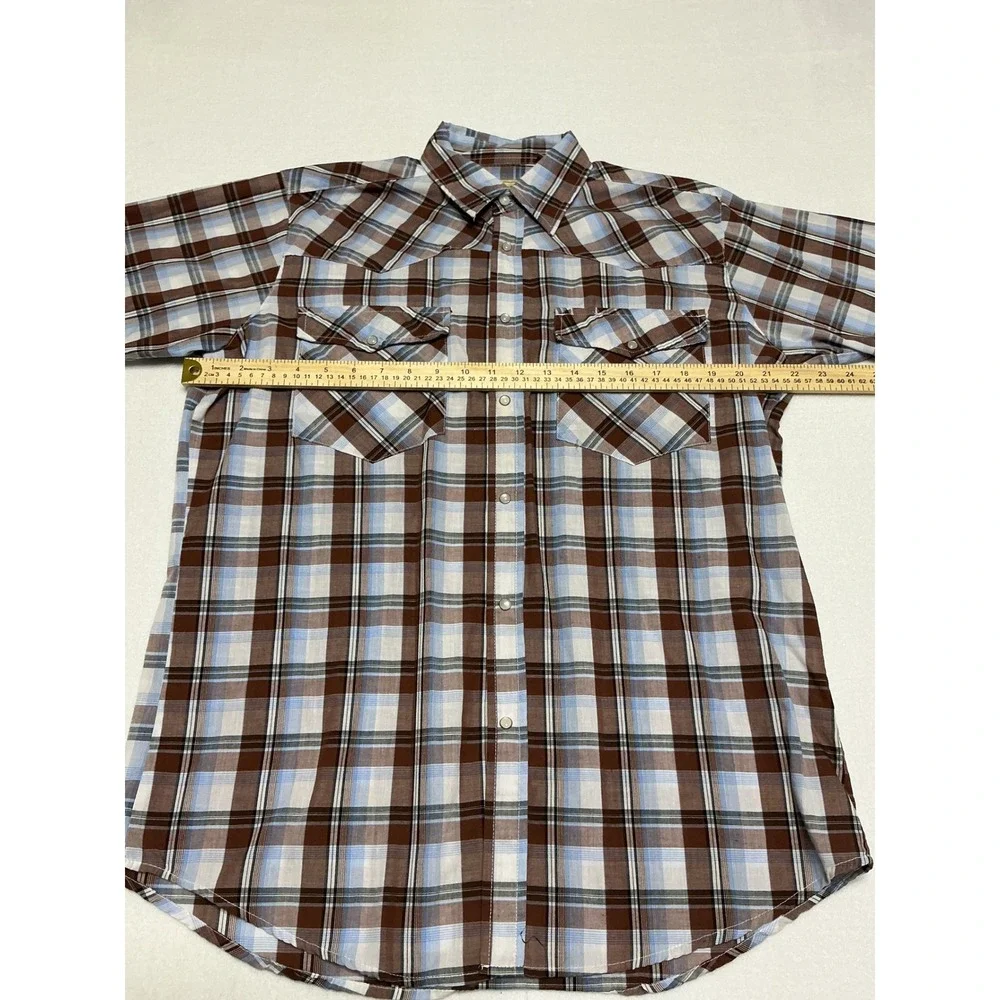 Bit & Bridle Mens Large Plaid Western Pearl Snap Shirt Brown Blue Short Sleeve